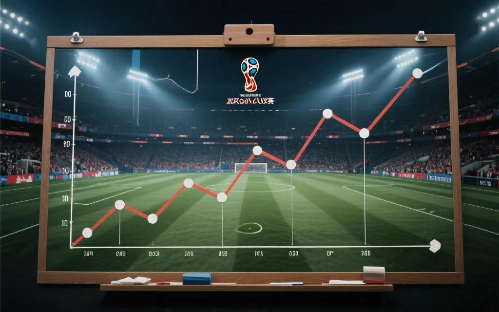 世界杯夜场球场氛围与战术板叠加的视觉，展示比赛走势曲线与关键时间节点