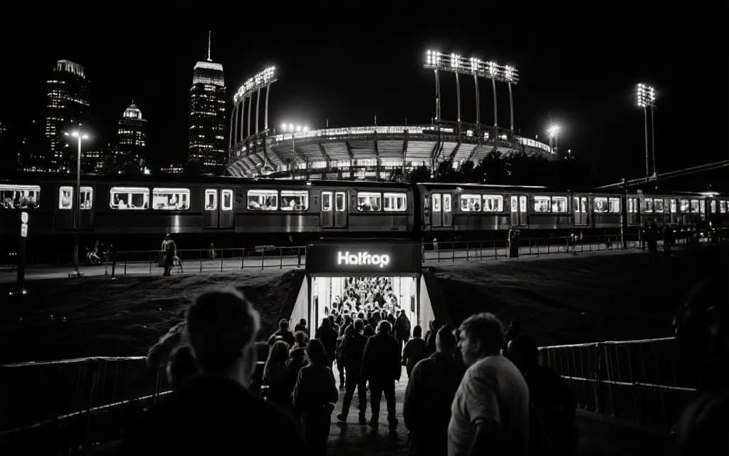 夜晚球场外的人群与城市交通灯光，体现决赛周离场与交通压力