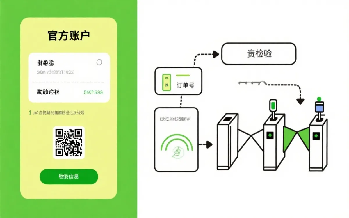 电子票核验流程图风格插画：订单、账户、动态二维码与入场闸机